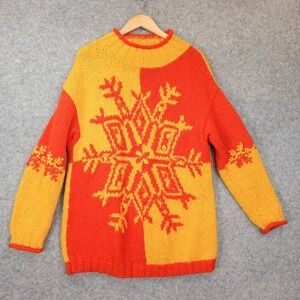 EXPRESS Tricot Snowflake Wool Sweater S Orange Fisherman Chunky Holiday‎ VINTAGE